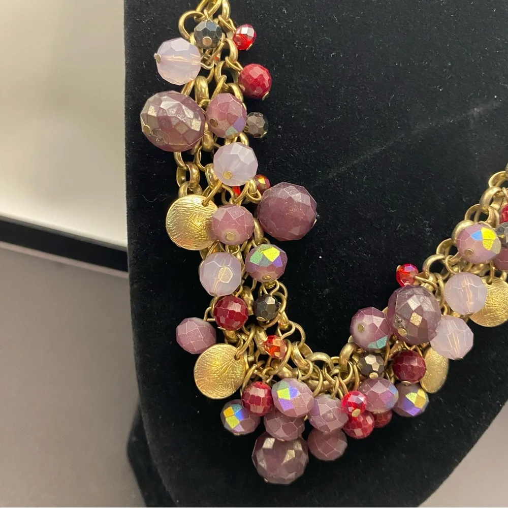 LOFT Gold Chain Statement Necklace with Purple and Pink Beads - Picture 2 of 10